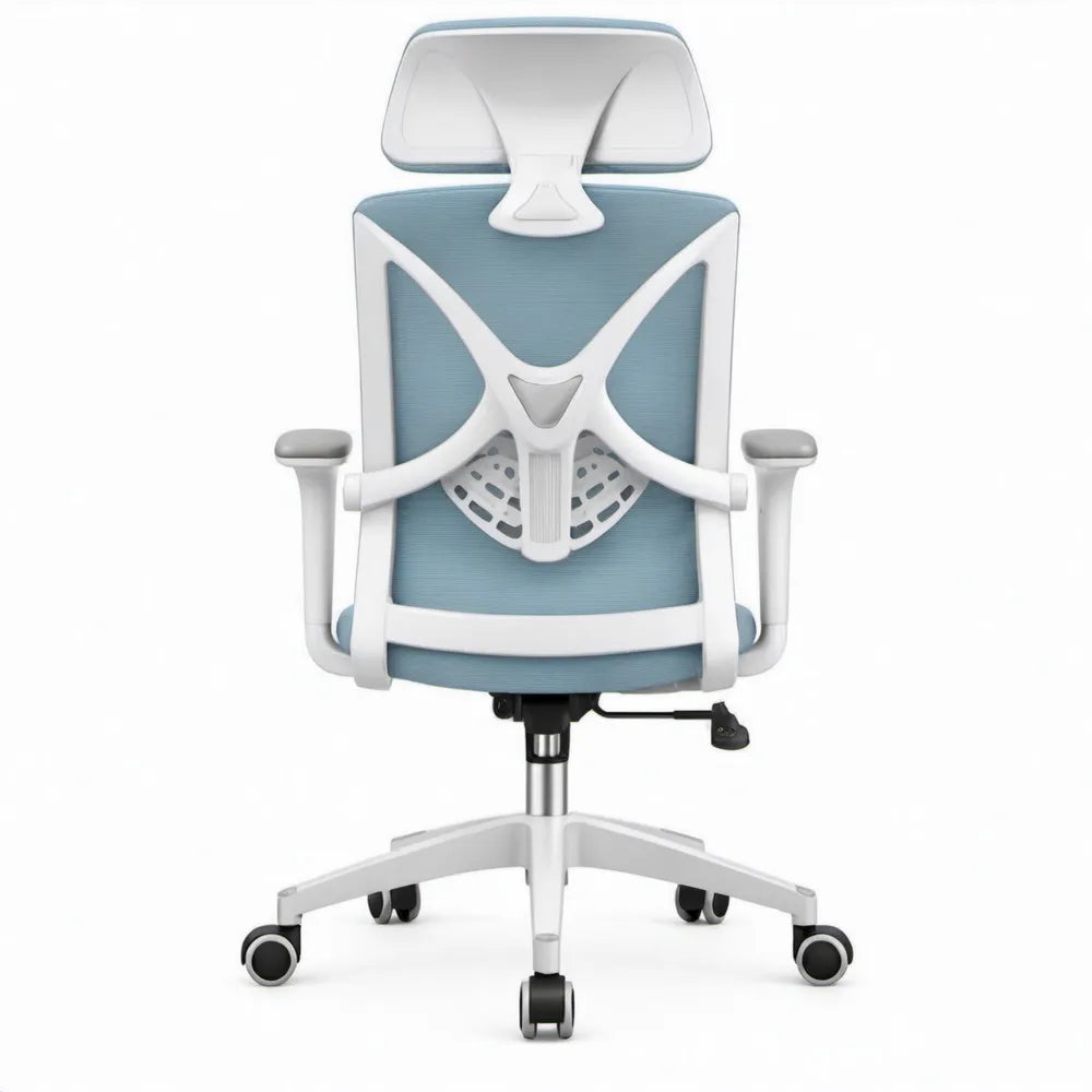 Ergonomische bureaustoel met hoofdsteun en lendensteun, lichtblauw/wit/grijs/zwart, 66 x 66 x 118-128 cm