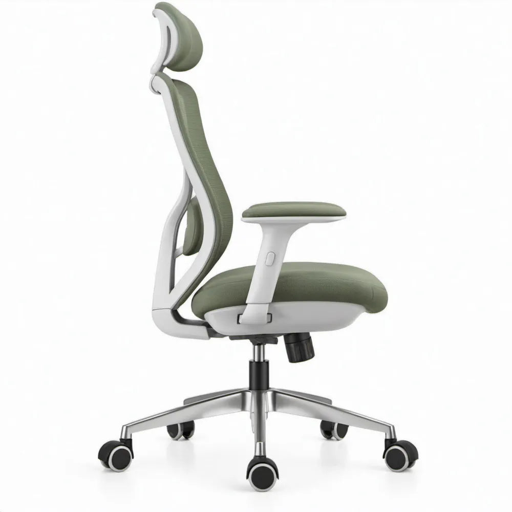Ergonomische bureaustoel met hoofdsteun en verstelbare armleuningen, groen/wit, 66 x 66 x 118-128 cm