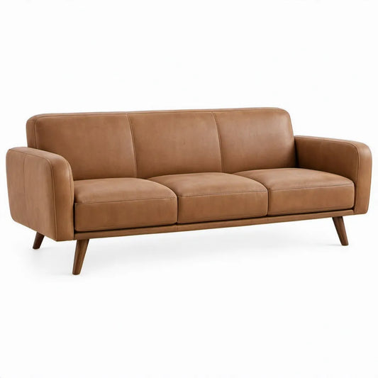 3-zitsbank van cognacbruin PU-leer met donkerbruine houten poten, 210 x 90 x 85 cm