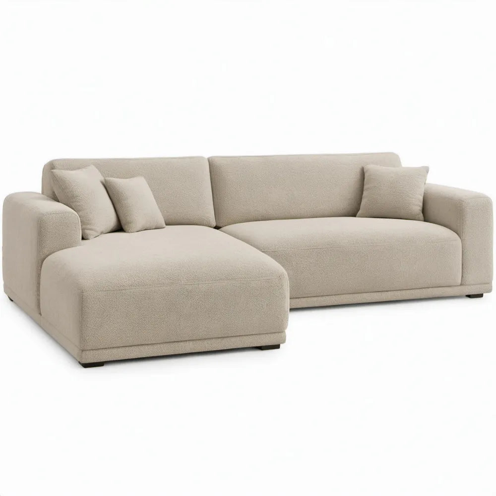Beige bouclé 3-zitsbank met chaise longue links, 280 x 170 cm