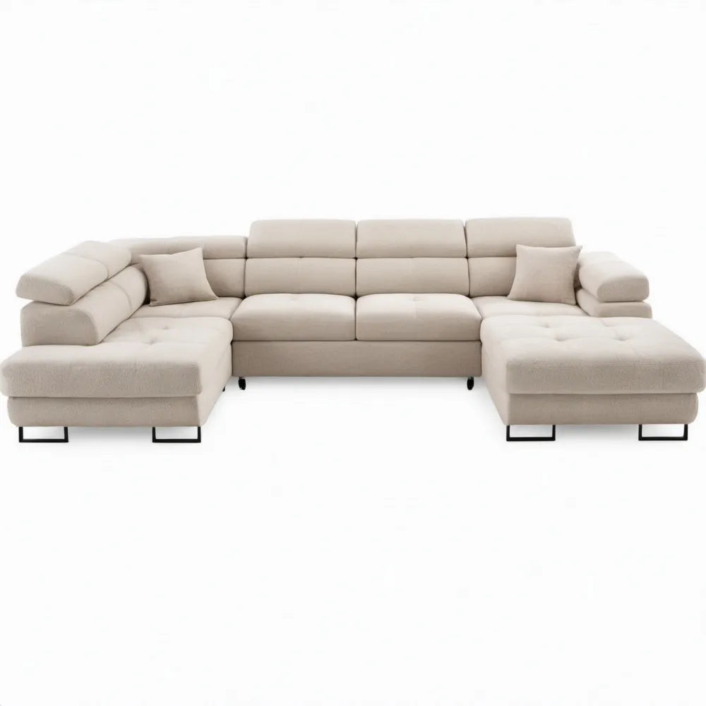 U-vormige hoekbank met dubbele chaise longue, 360 x 160 x 85 cm, beige polyester