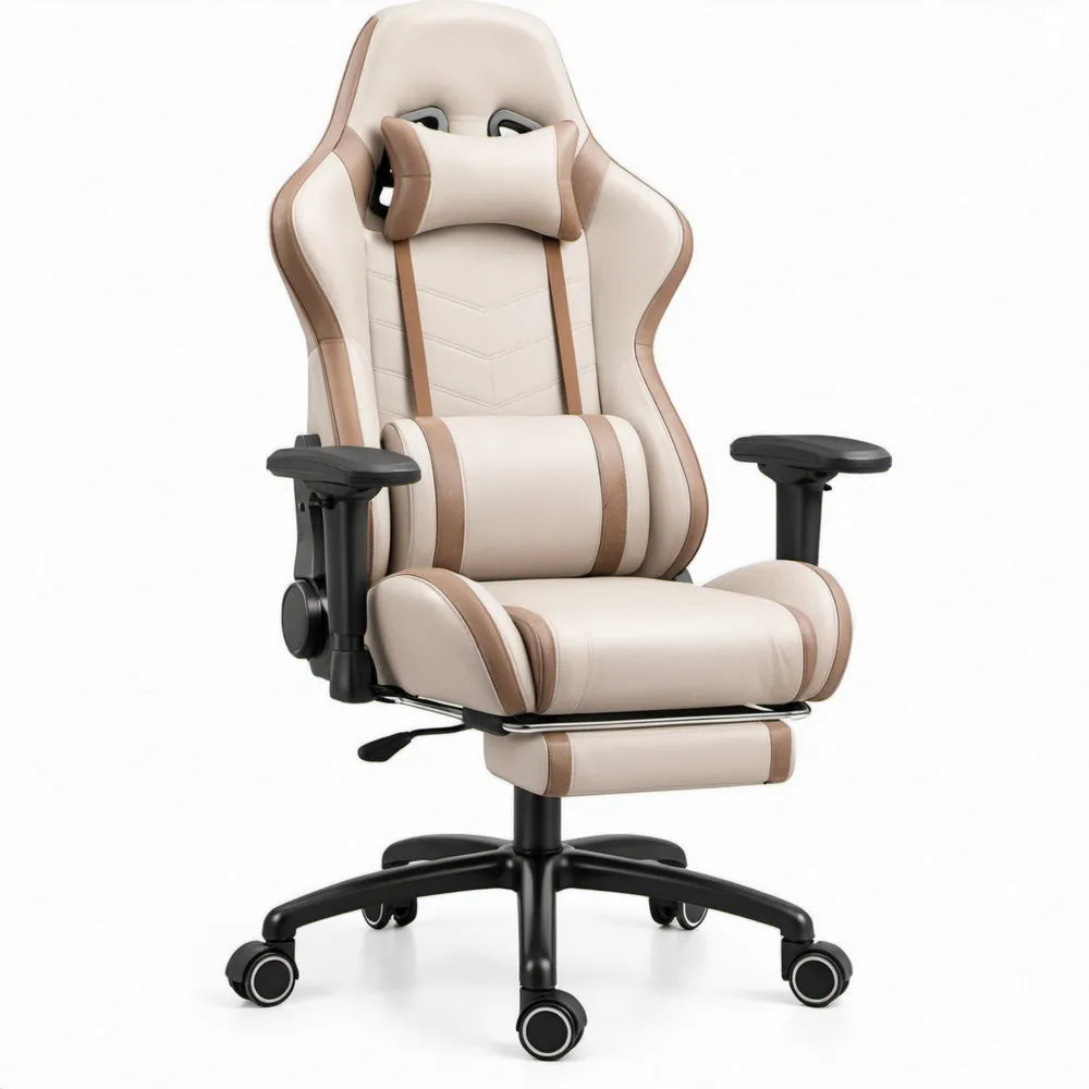 Ergonomische verstelbare stoel met voetensteun, hoofd- en lendenkussen, 68 x 68 x 120-130 cm, crème/bruin/zwart