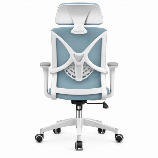 Ergonomische bureaustoel met hoofdsteun en lendensteun, lichtblauw/wit/grijs/zwart, 66 x 66 x 118-128 cm
