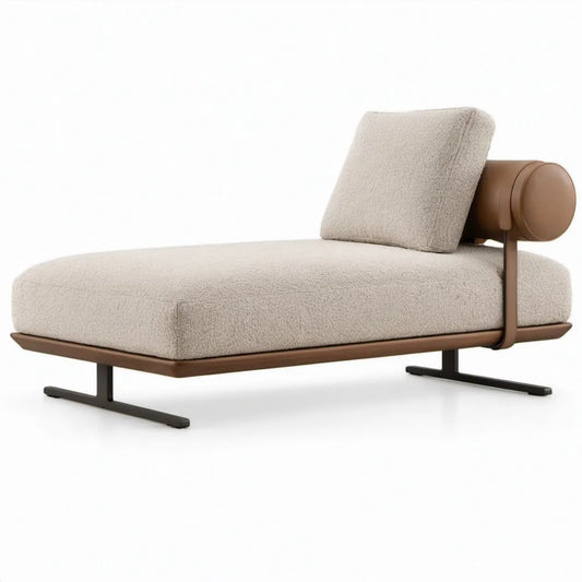 Chaise longue 160 x 90 x 75 cm in crème en bruin met bouclé, kunstleer en stalen onderstel